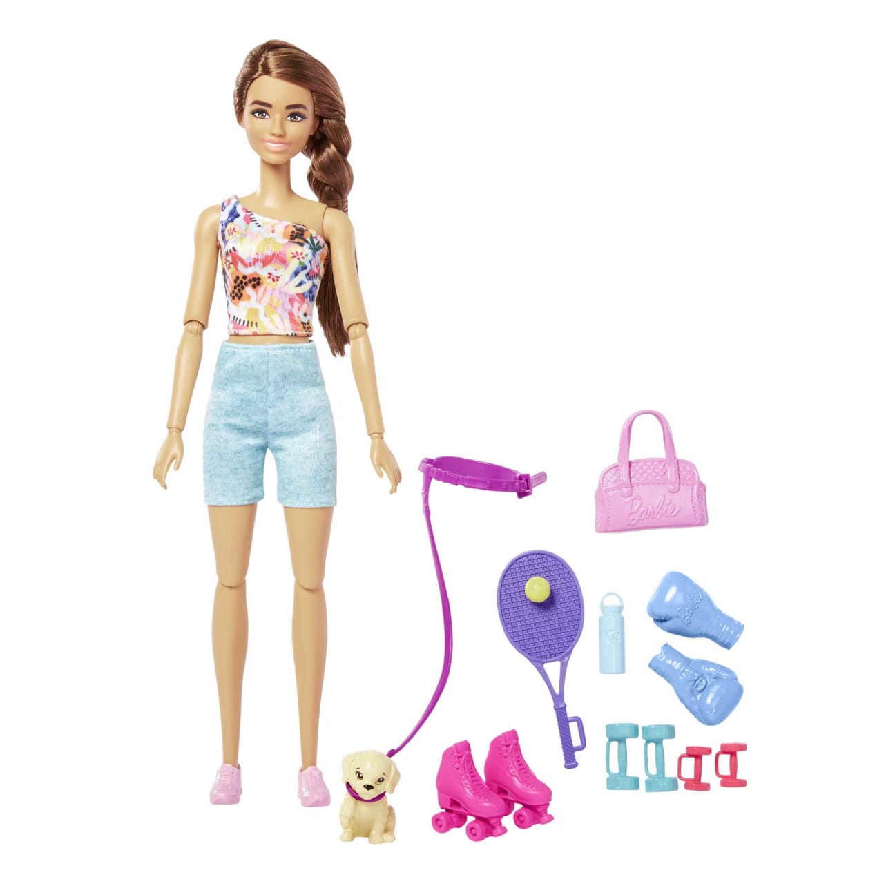 Mattel-Barbie Doll With Puppy - Workout Outfit, Roller Skate, and Tennis-HKT91-Legacy Toys