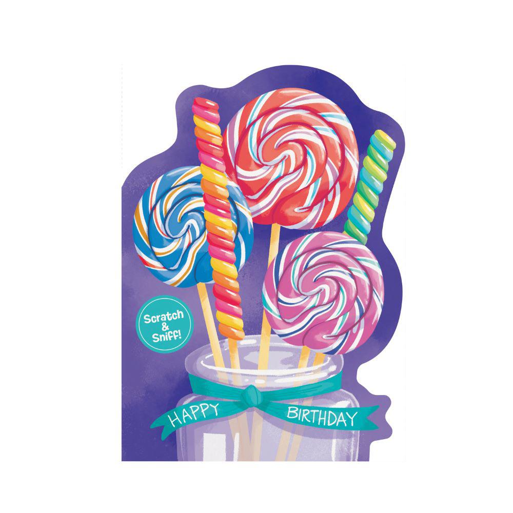 Peaceable Kingdom-Scratch & Sniff Birthday Card - Swirl Lollipops Candy-6501SS-Legacy Toys